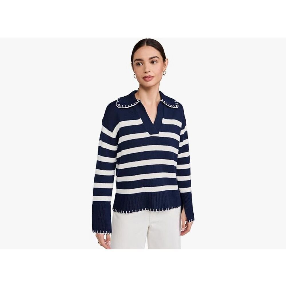 NEW Blue V Neck Striped Oversized Collared Chunky Knit Pullover Sweater m